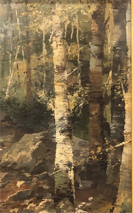 Image 1 of Huile sur toile ancienne signée, paysage de sous-bois 1893, cadre doré