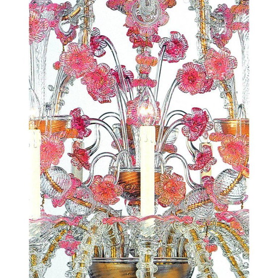 Image 1 of Venetiaanse kroonluchter "Ca' Rezzonico" in transparant Murano-glas met roze bloemmotief.