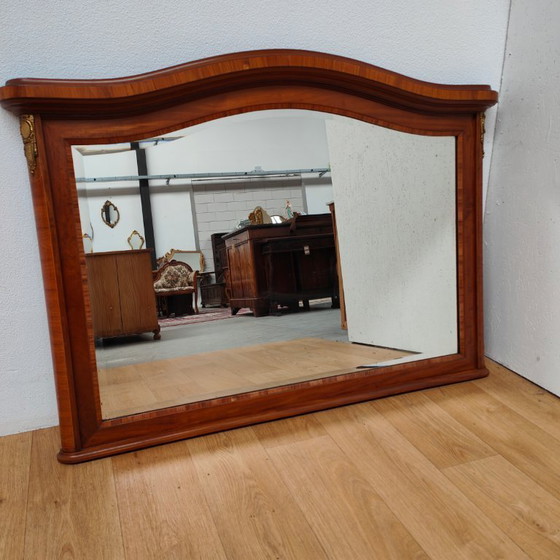 Image 1 of Antique mahogany facet-cut mirror, country-style mantel mirror with brass details.