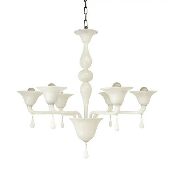 Image 1 of Lámpara de araña italiana contemporánea de seis brazos de cristal de Murano blanco