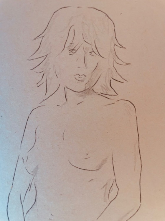 Image 1 of Signed drawing of a female nude, "sketch in notebook, hands down," on antique cardboard