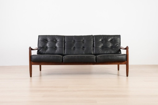 Divano scandinavo a 3 posti in legno e pelle nera, anni '60