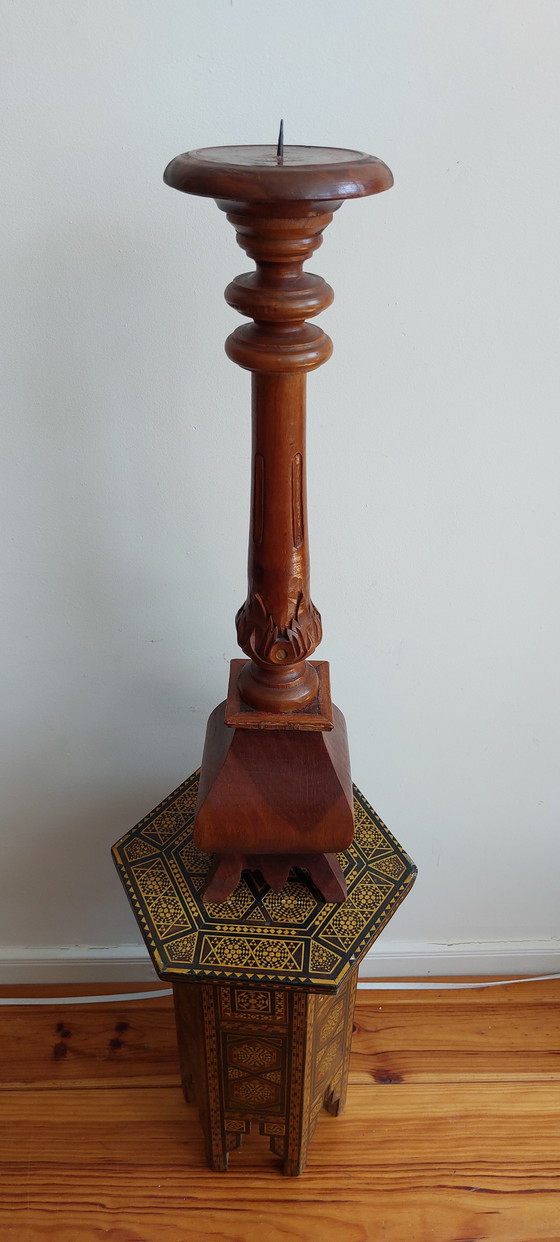 Image 1 of Large Candlestick - Wood - Hand Carved Asia - - 1950-1960