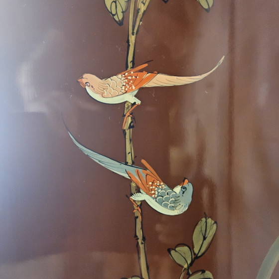 Image 1 of Vintage Chinese cabinet gold leaf flowers and peacocks and birds / oriental cabinet / bohemian cabinet / Asian cabinet