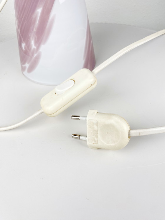 Image 1 of Vintage Murano Glass Mushroom Globe Medium-Size Table Lamp in White Opaline with Light Rose Pink Swirl