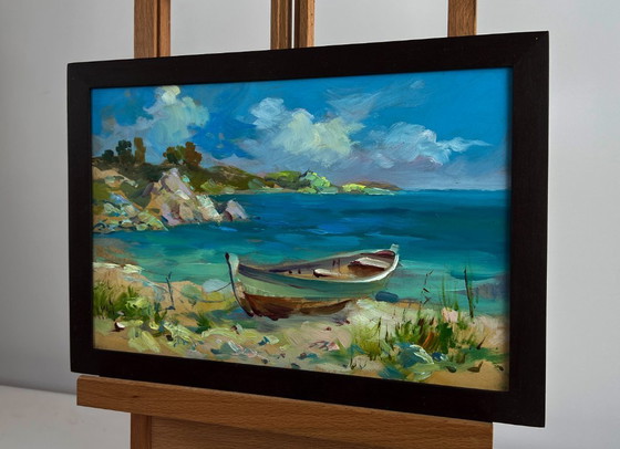 Image 1 of Original Oil Painting Coastal Rock Landscape Boat on the seashore