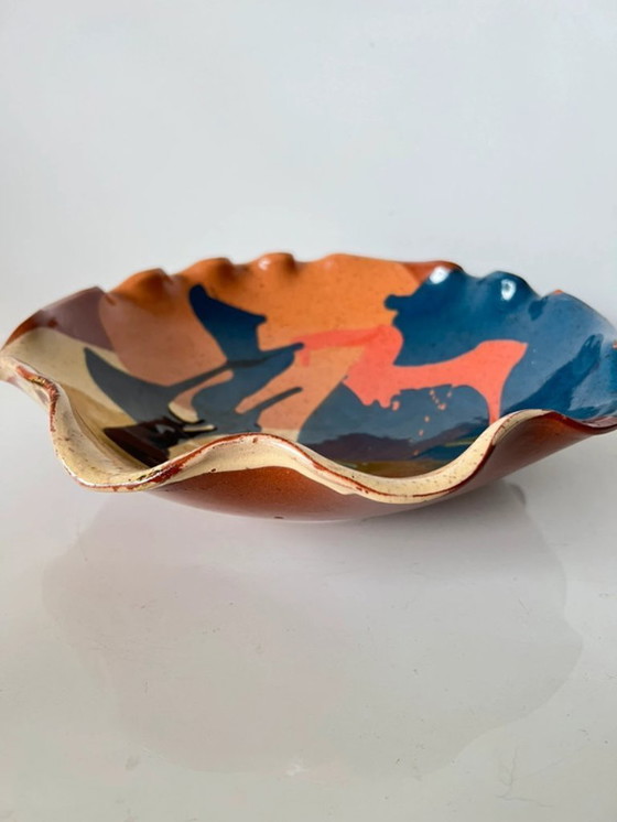 Image 1 of Cuenco de cerámica esmaltada abstracta orgánica / cerca vacía / cesta de fruta firmada