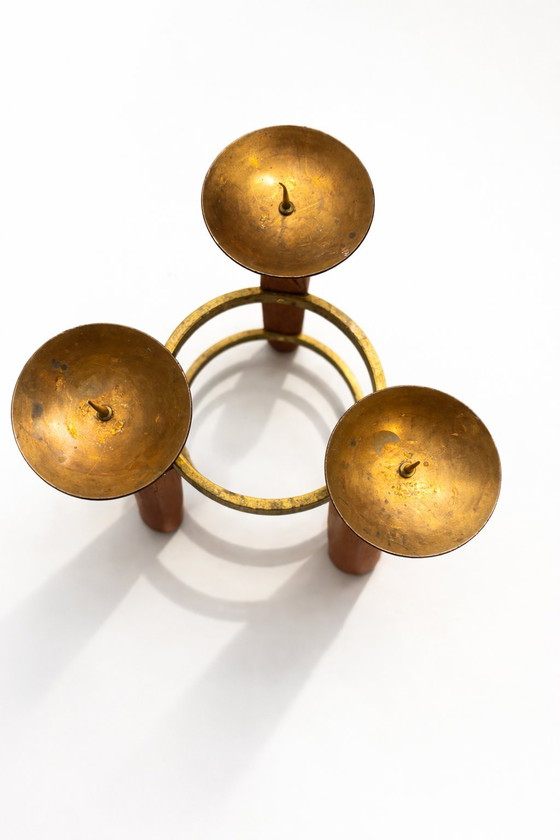 Image 1 of Teakhouten en messing kandelaar met 3 lampen uit het midden van de 20e eeuw – Deens modern – jaren 60