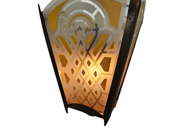 Image 1 of Amsterdams school stijl - lantaarn - hanglamp - glas - messing - 1930's