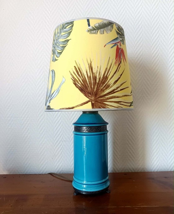 Image 1 of Blue ceramic lamp with claw feet and foliage lampshade