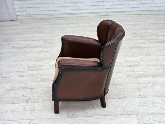 Image 1 of 1930s, Danish armchair, brown furniture leather, velour.