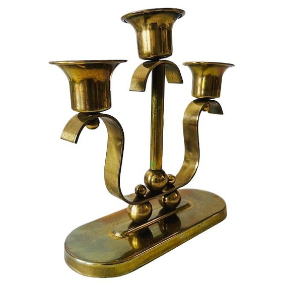 Image 1 of Antiker Artdeco-Kerzenständer aus Messing, dreifach, 1920er Jahre