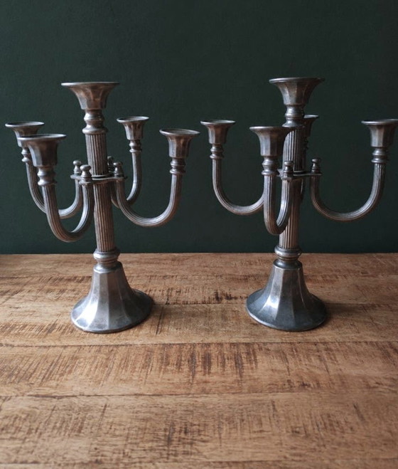 Image 1 of Mooie set zware vintage kandelabers – verzilverd (31 cm hoog)