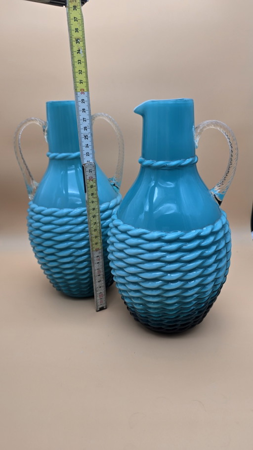 Par de jarras vintage de vidrio opalino turquesa - Empoli, años 50/60 – glaskunst, Glass (photo 2 of 5)