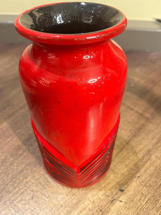 Vase en céramique Fohr original Mid Century de Ransbach Baumbach - Allemagne, forme 337-24, rouge, décor (photo 5 of 6)