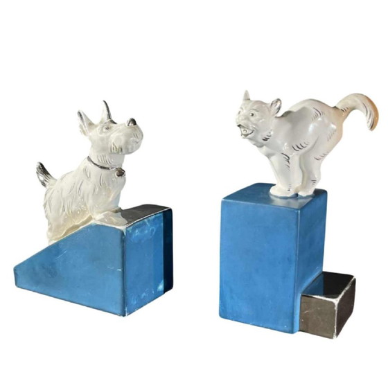 Fermacarte Art Déco Asimmetrici in Cromo Bianco Blu & Ceramica, Anni '30, Set di 2 – Oggetti decorativi (photo 2 of 17)