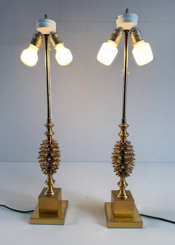 Image 1 of Set of 2 table lamps by Maison Charles, Hollywood Regency, pine cone/pine, France, 1970s
