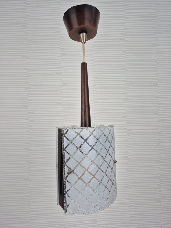 Image 1 of Mid-century pendant lamp in teak and embossed glass. Vintage lamp.