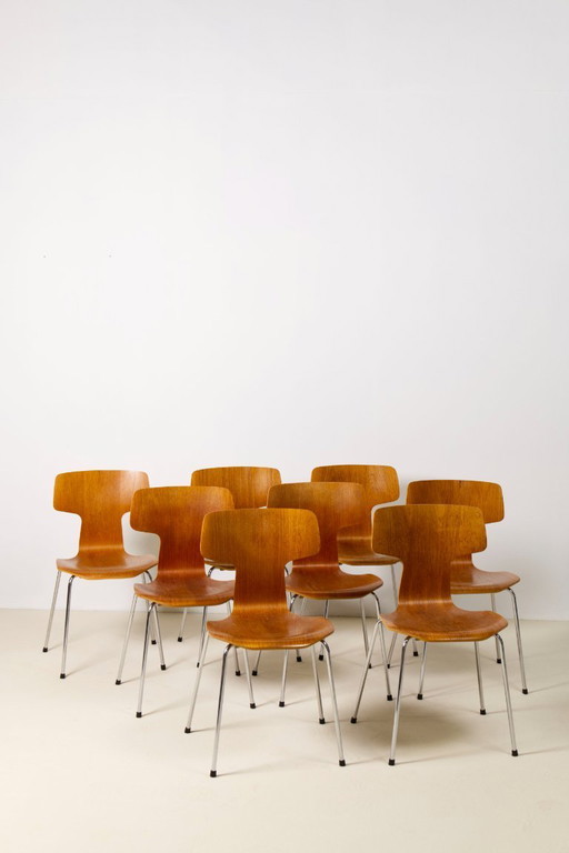 8x Teak T Chairs by Arne Jacobsen, Fritz Hansen, 1980s