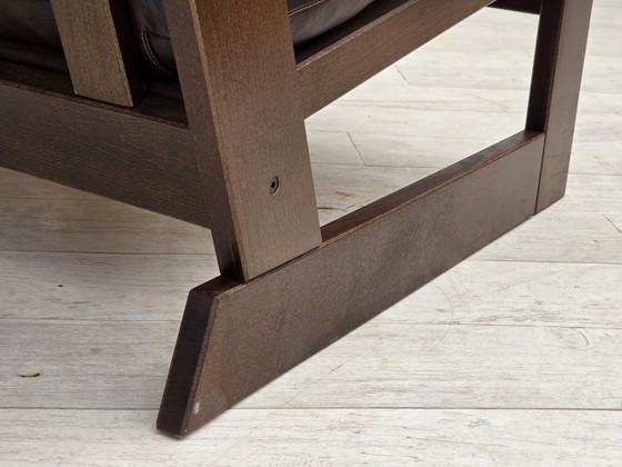 Image 1 of 1970, Scandinavische fauteuil met hoge rugleuning, bruin meubelleder, donker beukenhout.