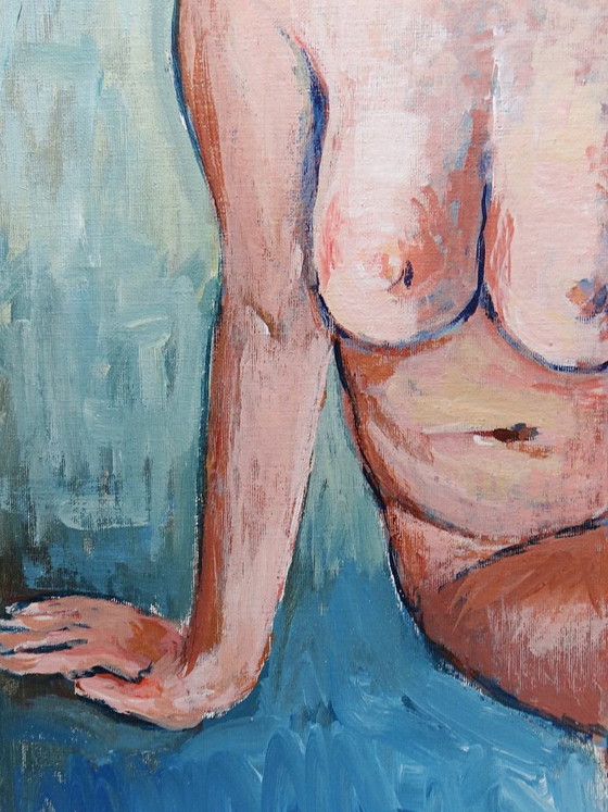 Image 1 of Vintage seated nude portrait painting, modern oil on canvas board