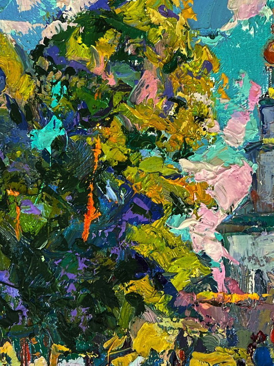 Image 1 of Original Oil Painting Rural Landscape Church Morning Bell in the Village