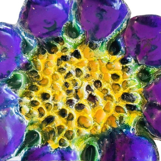 Image 1 of Vintage ceramic wall plate lilac sunflower Fat lava Jan van Erp 1960s
