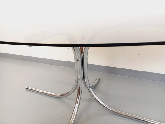 Image 1 of Vintage oval dining table in smoked glass and chrome metal, Space Age style, from the 70s