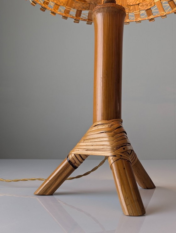 Image 1 of Bamboo and Rattan Table Lamp with Woven Shade, 1950s