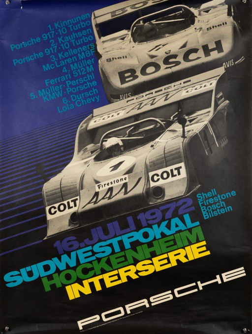 Porsche Südwestpokal Hockenheim Interserie 1972 – Original Vintage Porsche Poster by Atelier Strenger – Racing – 102x76 cm