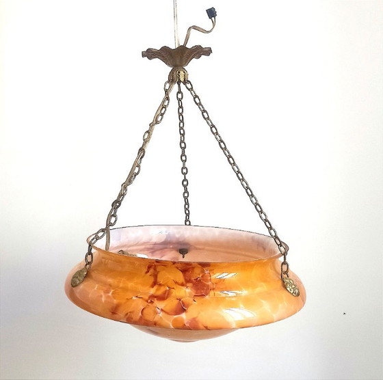 Art Deco Pendant Lamp Clichy Opaline Glass 42 cm Diameter – Brass (photo 3 of 9)