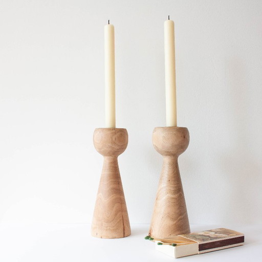 Pair of Wood Candle Holders in Danish Design Style, 1970's – kandelaars en kaarsen (photo 2 of 10)