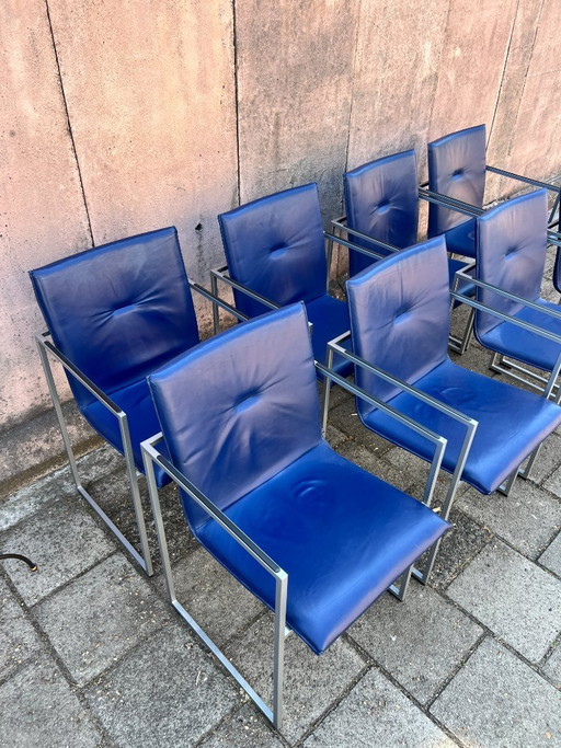 4 Arco Frame Dining Chairs / Blue Leather / Burkhard Vogtherr – eetkamerstoelen
