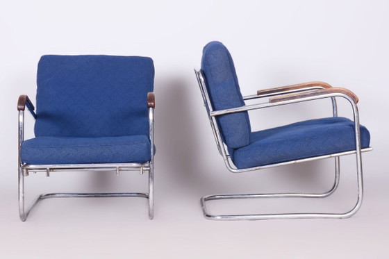Origineel Bauhaus-paar fauteuils, verchroomd staal, Zwitserland, jaren 1930 – SAB Prague, Metal, Textile (photo 8 of 18)
