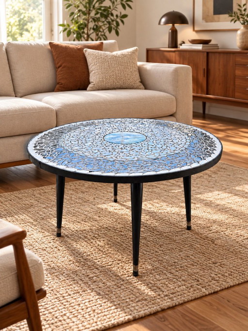 Vintage runder Mosaiktisch mit japanischer Berglandschaft – Ø 90 cm