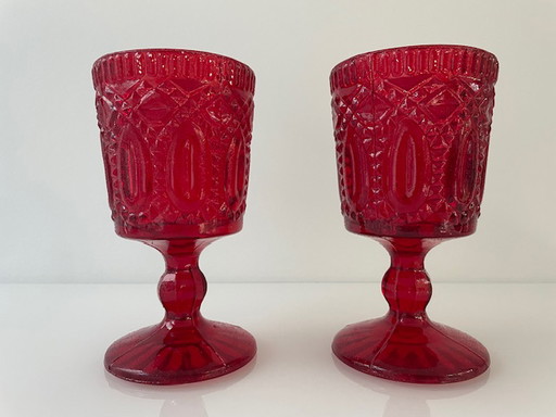 2 Bright Red Goblet/Wine Glasses With Baroque Decorations/Motifs