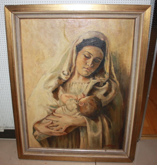 Madonna and Child - Original oil painting signed Hillers