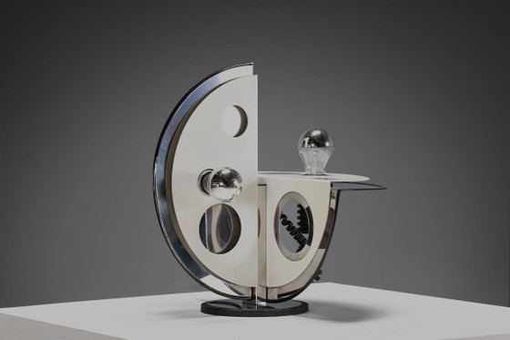 Image 1 of Lampe de table géométrique en métal et chrome, par Esperia, Italie, années 1970