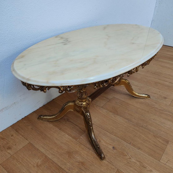 Oval Vintage Regency Coffee Table with Marble Onyx Top – Brass (photo 6 of 13)