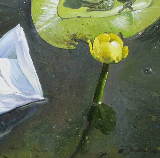 Peinture à l'huile originale, symbolisme de l'art moderne, nénuphar, grenouille, une rencontre (photo 6 of 7)