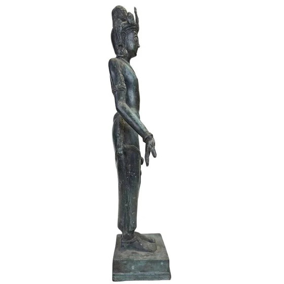 Estatua Devata de Bronce del Sudeste Asiático – Estilo Jemer – Restos de Antiguo Dorado de Templo (photo 3 of 10)