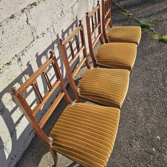 Image 1 of Set of 4 Antique handcarved Walnut Chairs - Upholstered wooden Side Chairs-Claude Sené Style Louis XVI-late 1900th