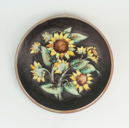 großer majolika karlsruhe wandteller sonne blumen 1950er