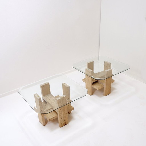 Pair of travertine and glass side tables, signed Willy Ballez, Belgium, 1970s