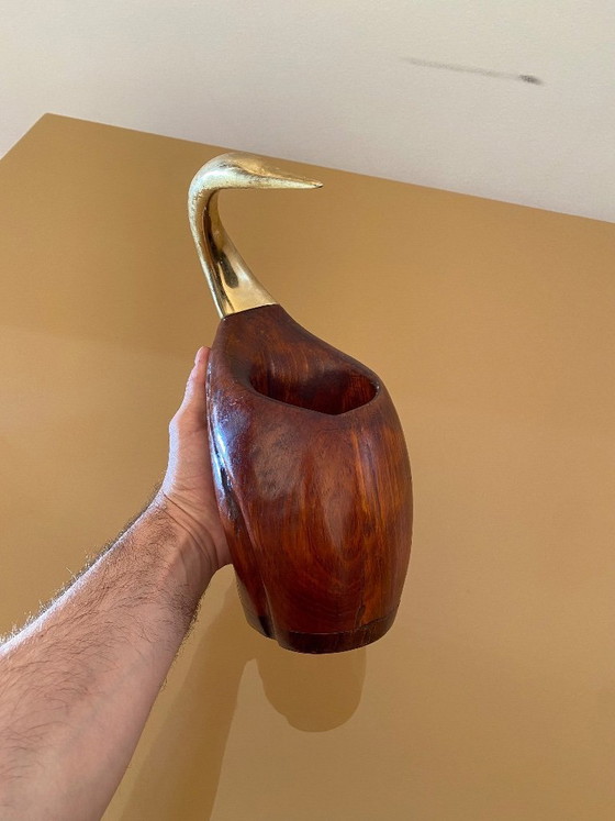 Image 1 of De Stijl Firenze Portabottiglie Legno Metallo Ottone Scultura Uccello anni '70