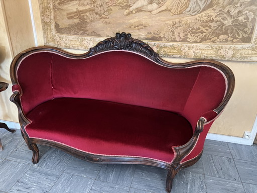 Antique vintage bench in wood and velvet in the style of Louis Philippe