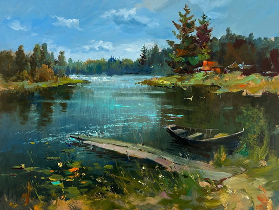 Image 1 of Original Oil Painting Summer Coastal Landscape A lonely boat by the river