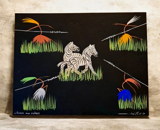 Uniek Afrikaans Tingatinga Meesterwerk: "Chasse aux zèbres"1