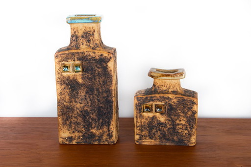 Pair of Swedish Brutalist-style stoneware vases with enameled necks by Curt Magnus-Addin 1960.