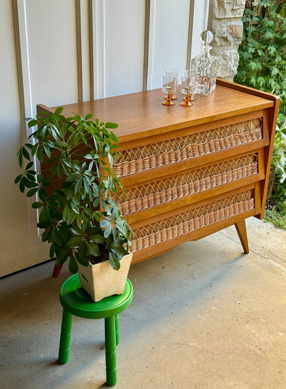50s/60s Scandinavian Oak and Rattan Dresser, Chest of drawers (photo 2 of 14)